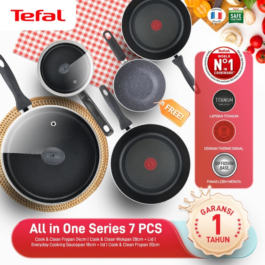 Tefal All-in-One Black Series 7PCS (5PCS wajan + 2PCS tutup) / Wajan Anti Lengket Set / Penggorengan / Frypan
