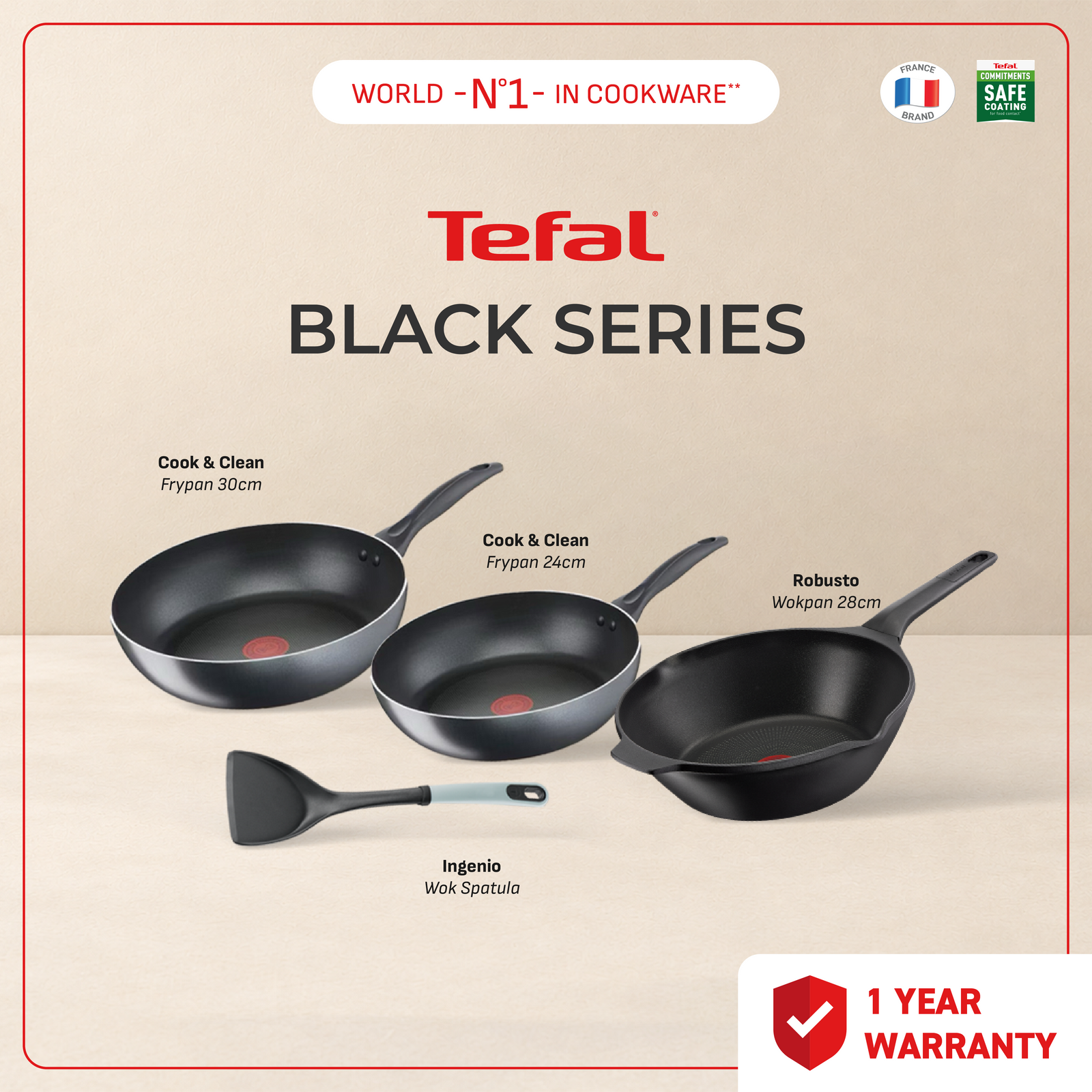 Tefal All-in-One Black Series 7PCS (5PCS wajan + 2PCS tutup) / Wajan Anti Lengket Set / Penggorengan / Frypan