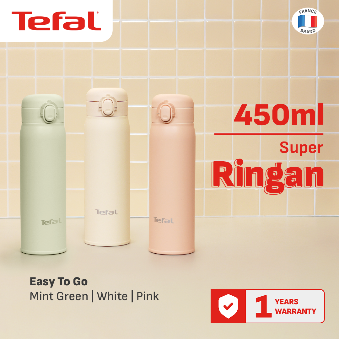 Tefal Easy To Go Tumbler 450 ml Green/White/Pink / Botol Minum Stainless Tahan Panas/Dingin SUS316 Alas Silicone Anti Slip Anti Bocor