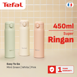 Tefal Easy To Go Tumbler 450 ml Green/White/Pink / Botol Minum Stainless Tahan Panas/Dingin SUS316 Alas Silicone Anti Slip Anti Bocor