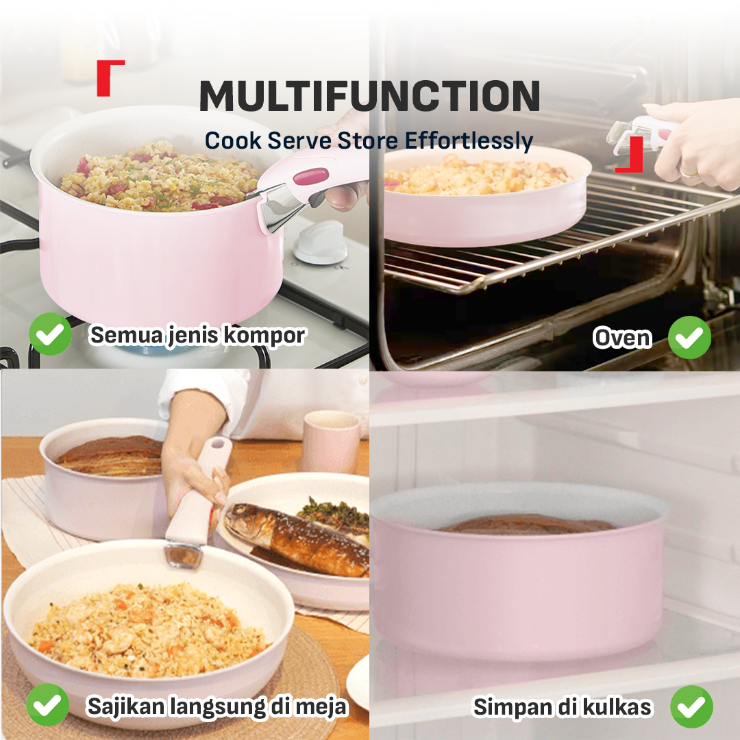 Tefal Serenity 4 pcs,  Set panci wajan anti lengket tumpuk gagang lepas pasang semua jenis kompor Garansi 10 tahun cantik dan estetik - Pink Clay