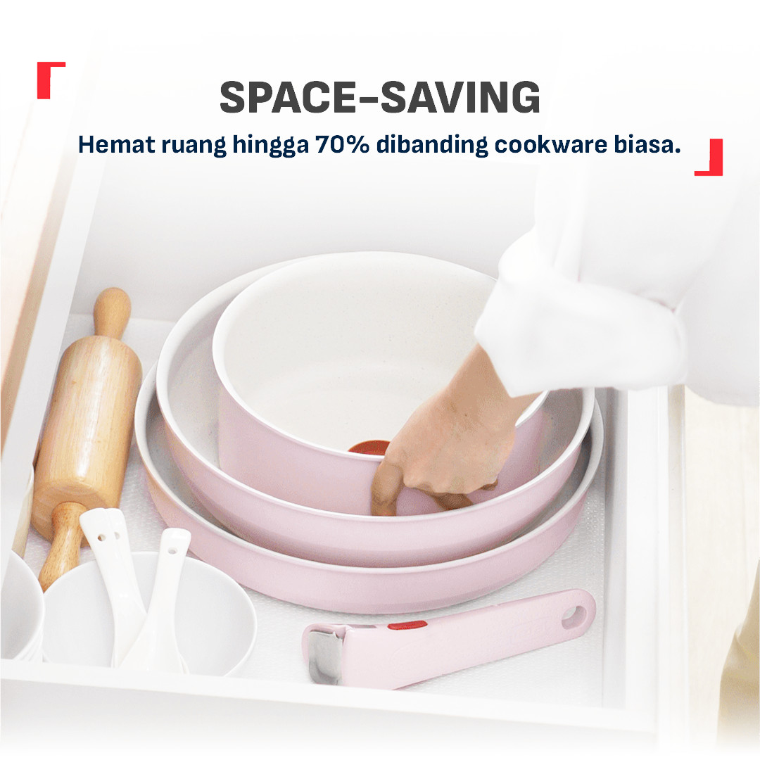 Tefal Serenity 4 pcs,  Set panci wajan anti lengket tumpuk gagang lepas pasang semua jenis kompor Garansi 10 tahun cantik dan estetik - Pink Clay