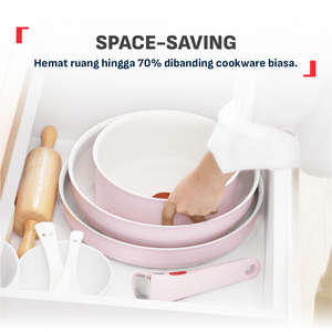 Tefal Serenity 4 pcs,  Set panci wajan anti lengket tumpuk gagang lepas pasang semua jenis kompor Garansi 10 tahun cantik dan estetik - Pink Clay
