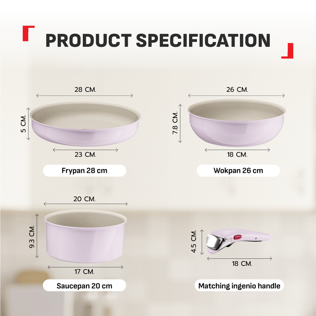 Tefal Serenity 4 pcs,  Set panci wajan anti lengket tumpuk gagang lepas pasang semua jenis kompor Garansi 10 tahun cantik dan estetik - Pink Clay