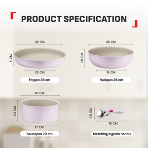 Tefal Serenity 4 pcs,  Set panci wajan anti lengket tumpuk gagang lepas pasang semua jenis kompor Garansi 10 tahun cantik dan estetik - Pink Clay