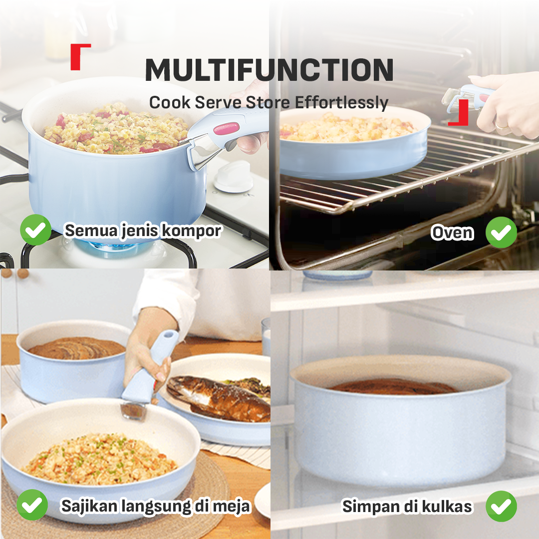 Tefal Serenity 4 pcs,  Set panci wajan anti lengket tumpuk gagang lepas pasang semua jenis kompor Garansi 10 tahun cantik dan estetik - Calm Blue