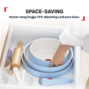 Tefal Serenity 4 pcs,  Set panci wajan anti lengket tumpuk gagang lepas pasang semua jenis kompor Garansi 10 tahun cantik dan estetik - Calm Blue