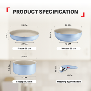 Tefal Serenity 4 pcs,  Set panci wajan anti lengket tumpuk gagang lepas pasang semua jenis kompor Garansi 10 tahun cantik dan estetik - Calm Blue