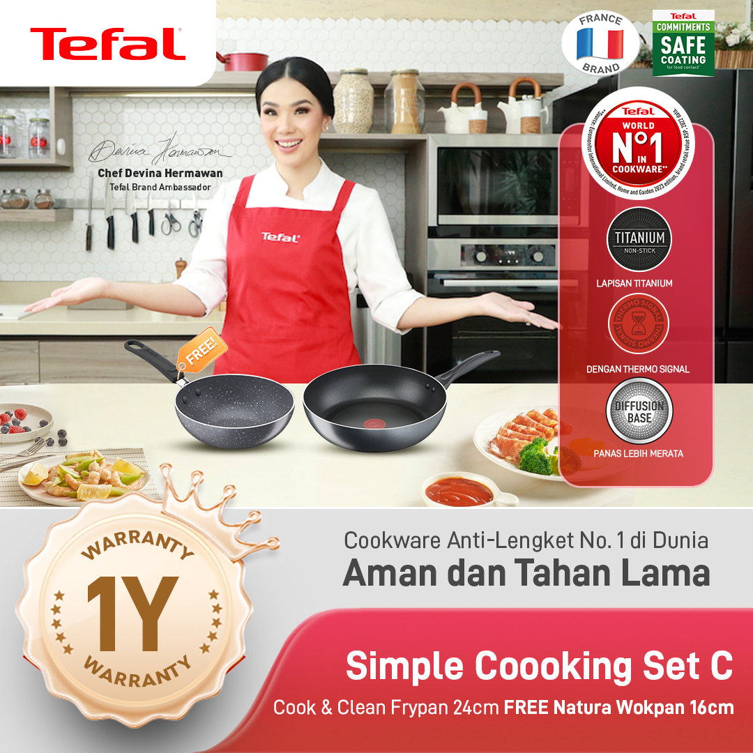 Tefal Simple Coooking Set C - Cook & Clean Frypan 24cm FREE Natura Wokpan 16cm