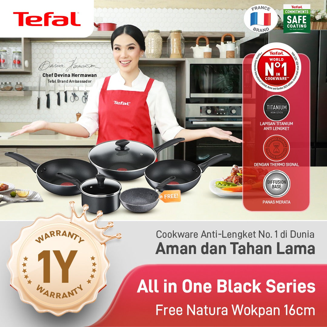 Tefal All-in-One Black Series 7PCS (5PCS wajan + 2PCS tutup) / Wajan Anti Lengket Set / Penggorengan / Frypan